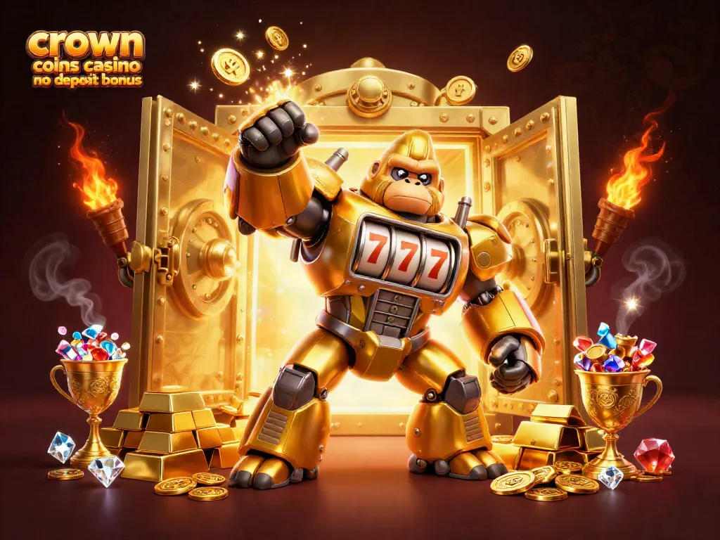 Engage in the crown coins casino no deposit bonus showcasing a golden mech gorilla and treasures.