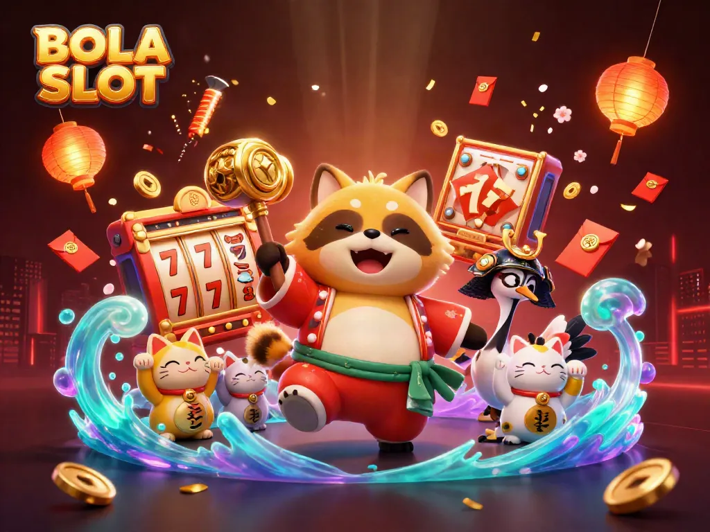 BOLA SLOT offers a lively 3D scene with a cheerful tanuki and friends, celebrating jackpots and luck.