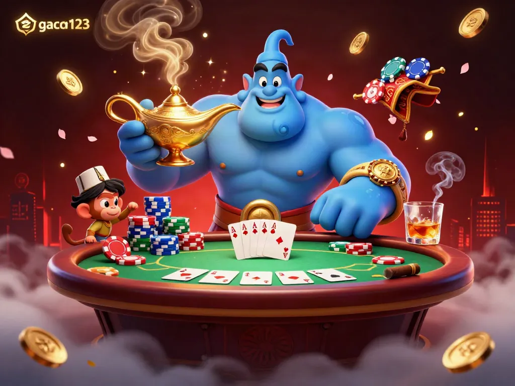 Experience winning at gacor123 with a magical scene of a genie, poker chips, and vibrant casino elements.