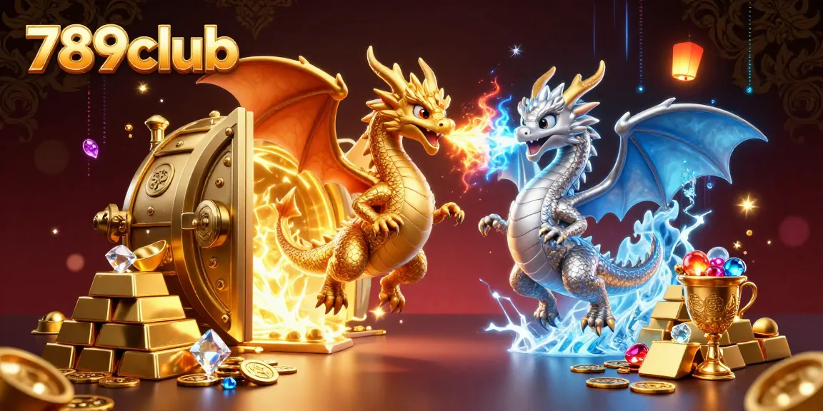 Experience the thrill of 789club with dynamic dragons intertwined in a casino-themed explosion of treasures.