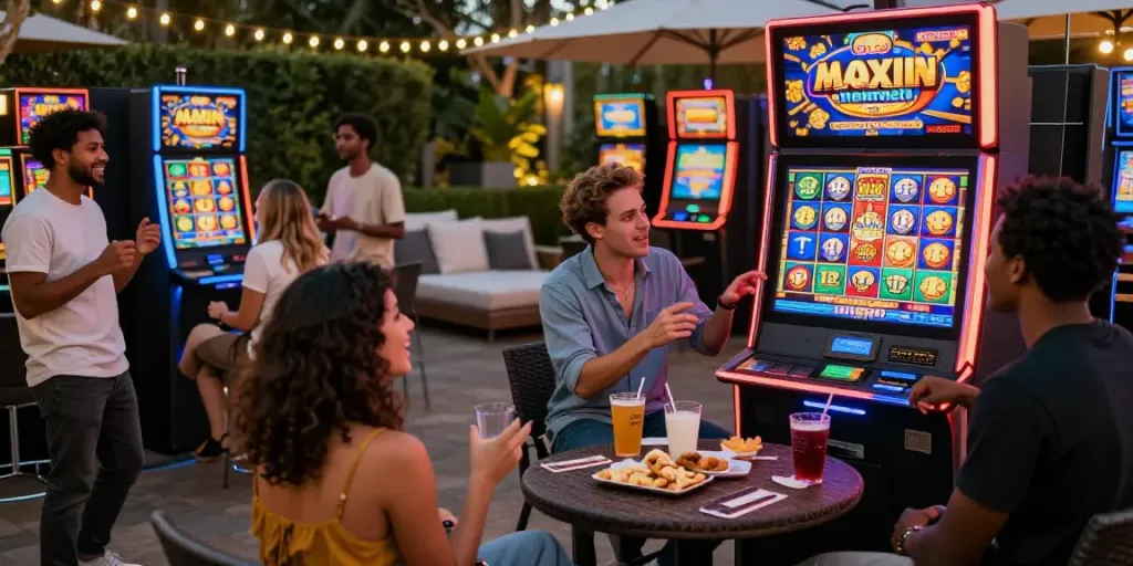Group enjoying slot maxwin gaming in a festive outdoor casino atmosphere.