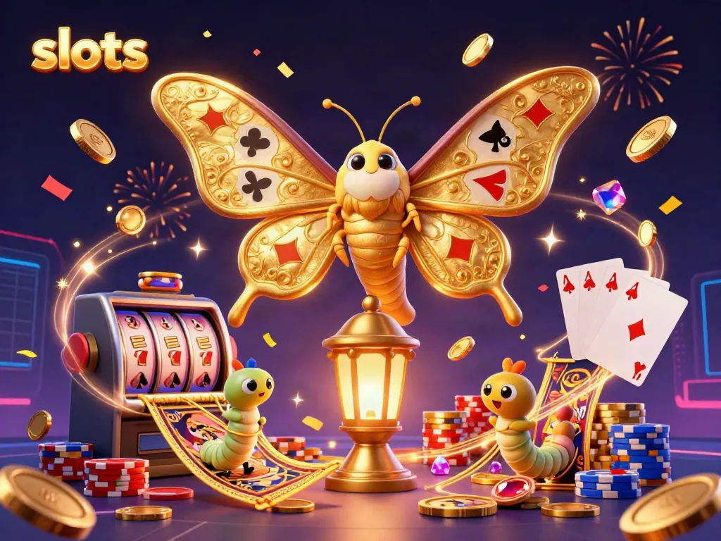 Experience exhilarating slots gameplay with a vibrant scene filled with golden coins, slot reels, and festive elements.
