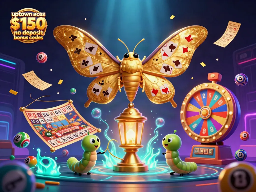 Engage with uptown aces $150 no deposit bonus codes amidst a vibrant casino scene with lottery balls and dynamic elements.