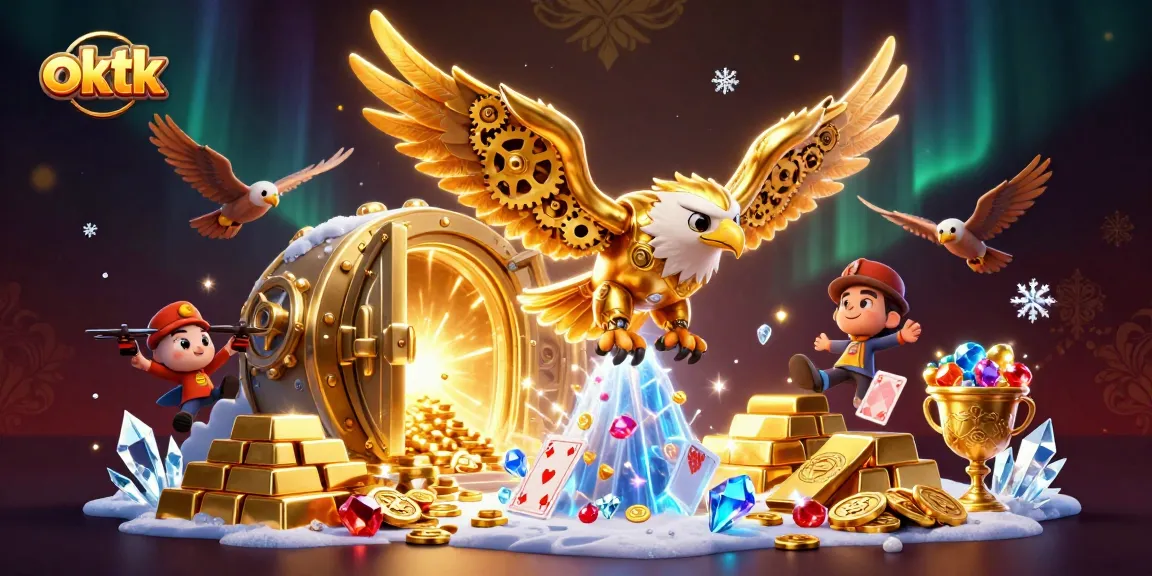 Engage with oktk's dynamic golden eagle amidst dazzling casino elements and treasures.