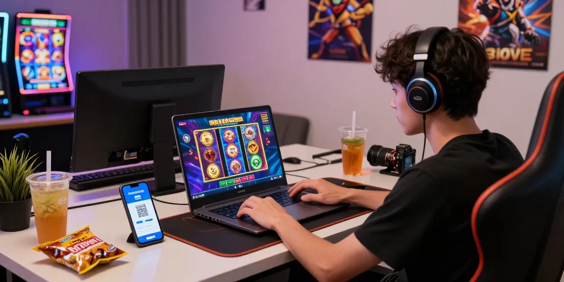 Player enjoying slot depo 10k games online with QRIS payment on laptop.