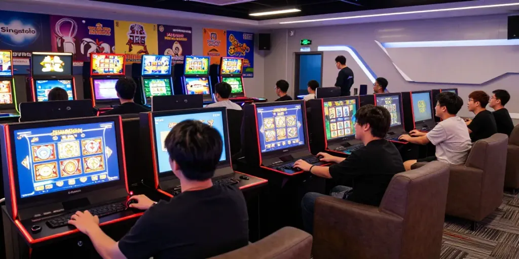 Players reveling in the Singatoto gaming experience within a lively lounge.
