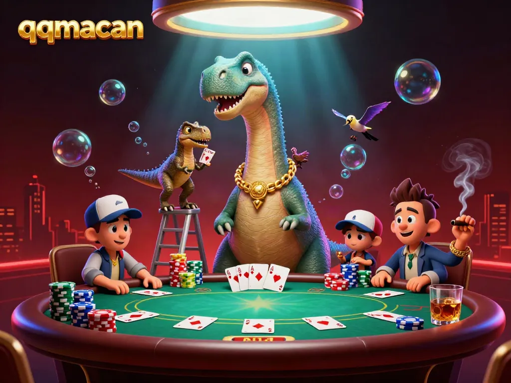 Experience the dynamic gameplay of qqmacan with a lively casino scene featuring a giant brontosaurus and clever raptor dealing cards.