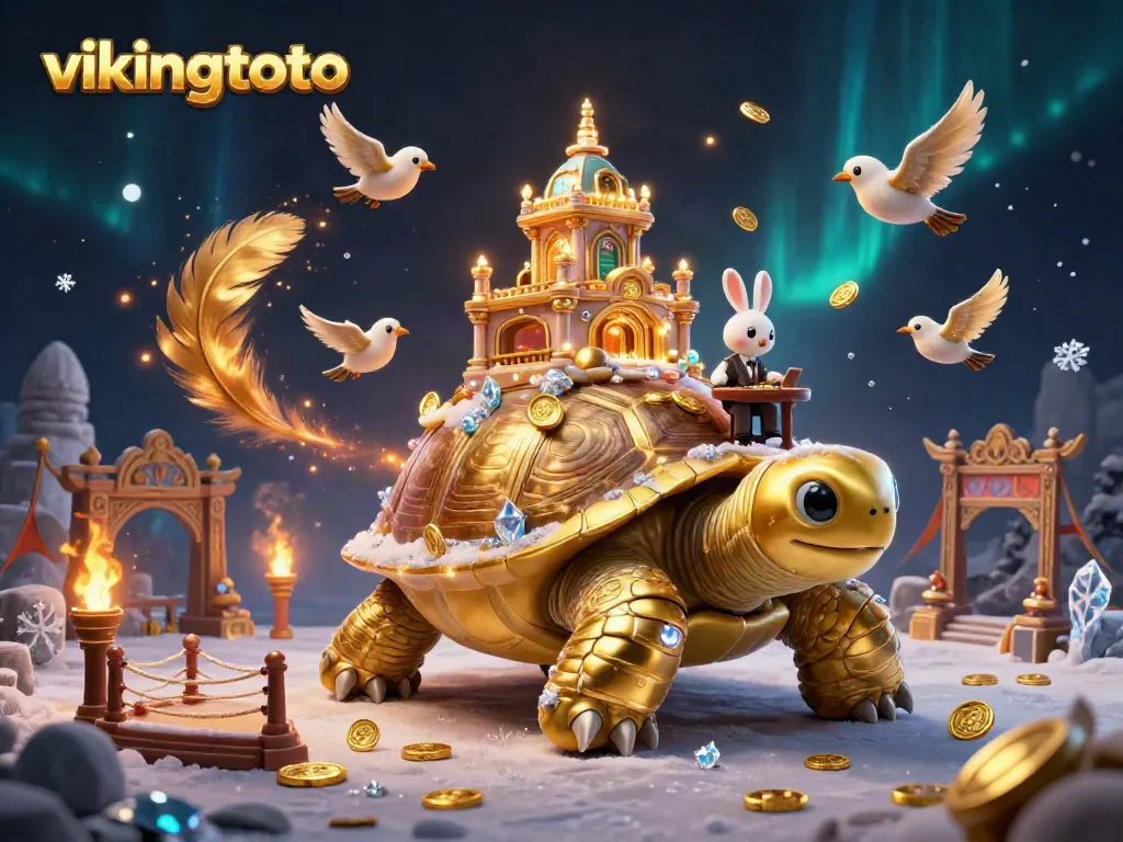 Play exciting slot games and win more with vikingtoto's vibrant casino scene featuring golden tortoise and coins.