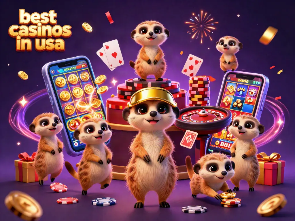 Meerkats running a casino operation showcasing the best casinos in usa with festive elements.