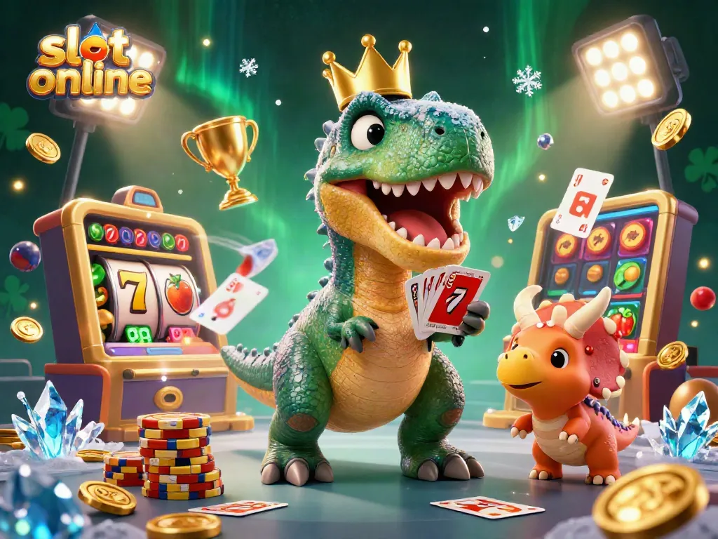 Bermain slot online dengan T-Rex mencoba mengocok kartu dan triceratops menumpuk chip emas di tengah permainan kasino yang berwarna-warni.