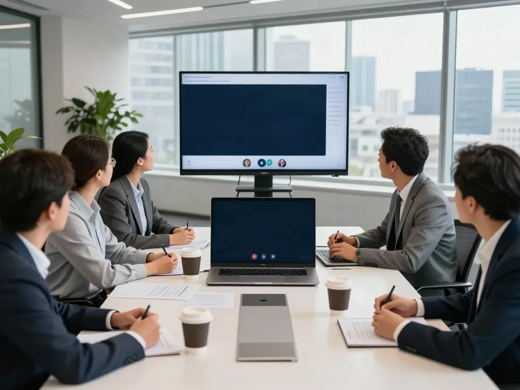Deepfake protected meetings showcased in a corporate meeting room with diverse professionals engaged in discussion.