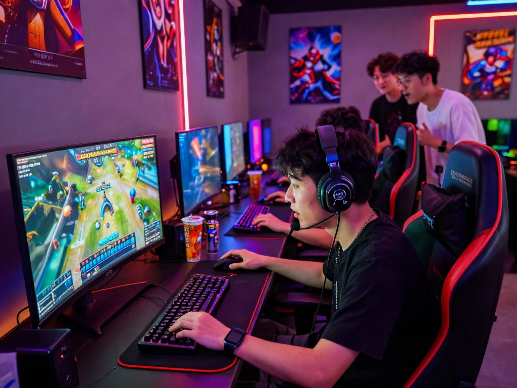Gamer engaged with Slot Gacor MAHJONGJP88 in a lively esports lounge, vibrant gaming atmosphere.
