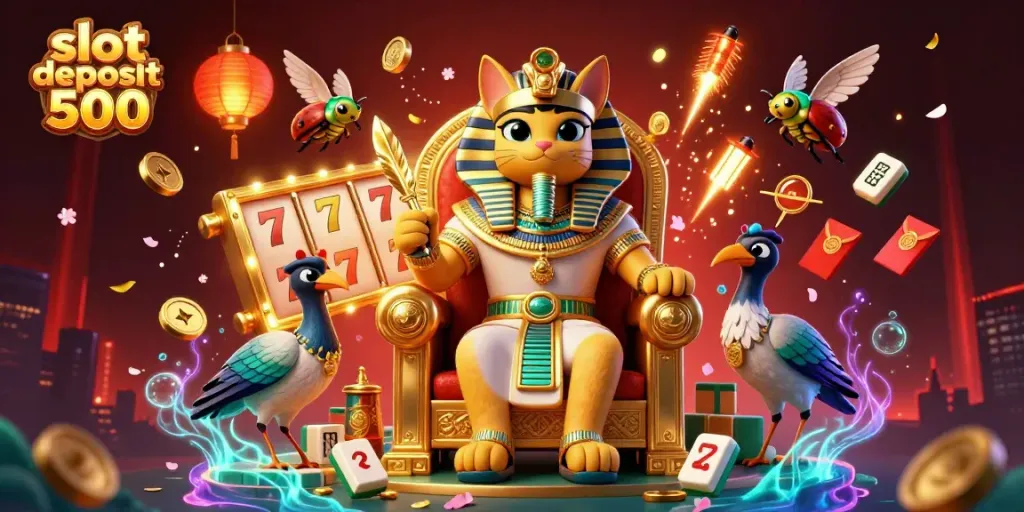 Spin reels and win with slot deposit 500 illustration showcasing a vibrant casino scene.