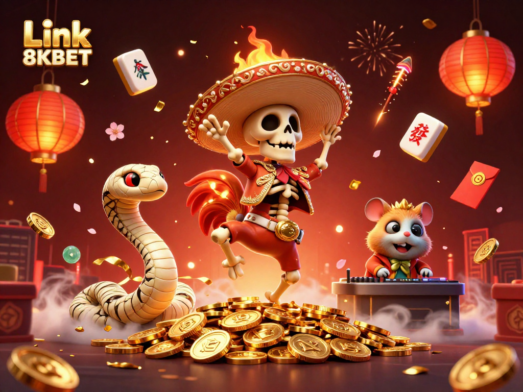 Spin to win with Link 8KBET on a vibrant gaming adventure featuring unique characters and festive elements.