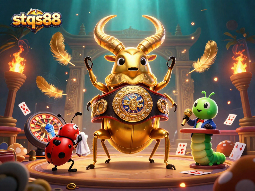 Experience thrilling moments at stqs88 with a golden stag beetle boxing in a vibrant casino scene.
