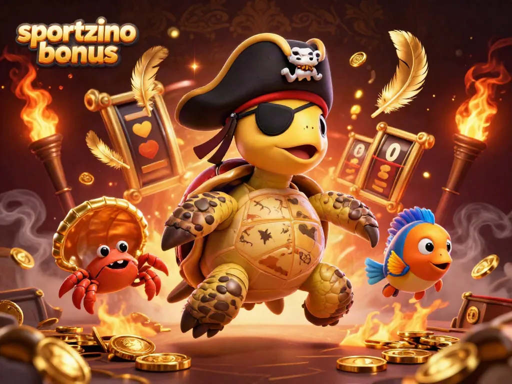 Engage with the sportzino bonus by exploring a vibrant casino-themed adventure featuring a pirate turtle and treasure.