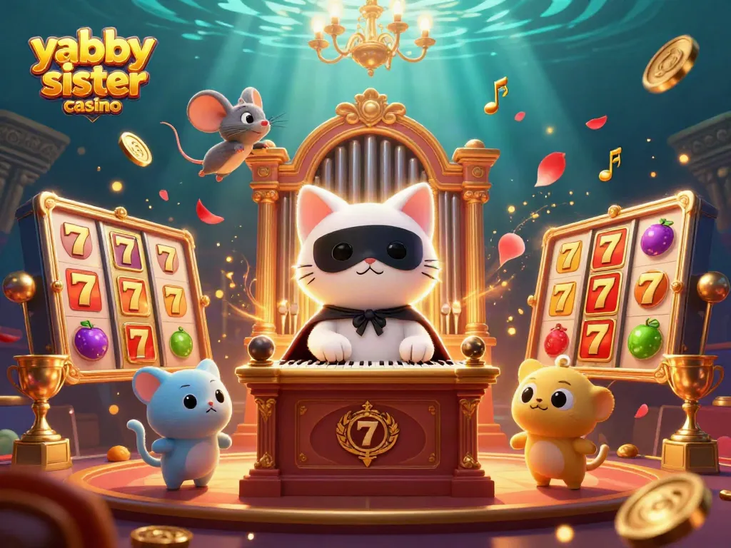 Experience the lively atmosphere of the yabby sister casino featuring vibrant slot reels and animated characters.