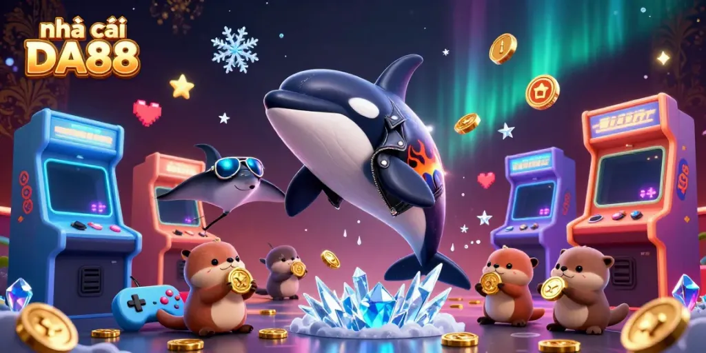 Experience the thrill of nhà cái DA88 with this vibrant 3D casino scene featuring playful characters immersed in gaming excitement.