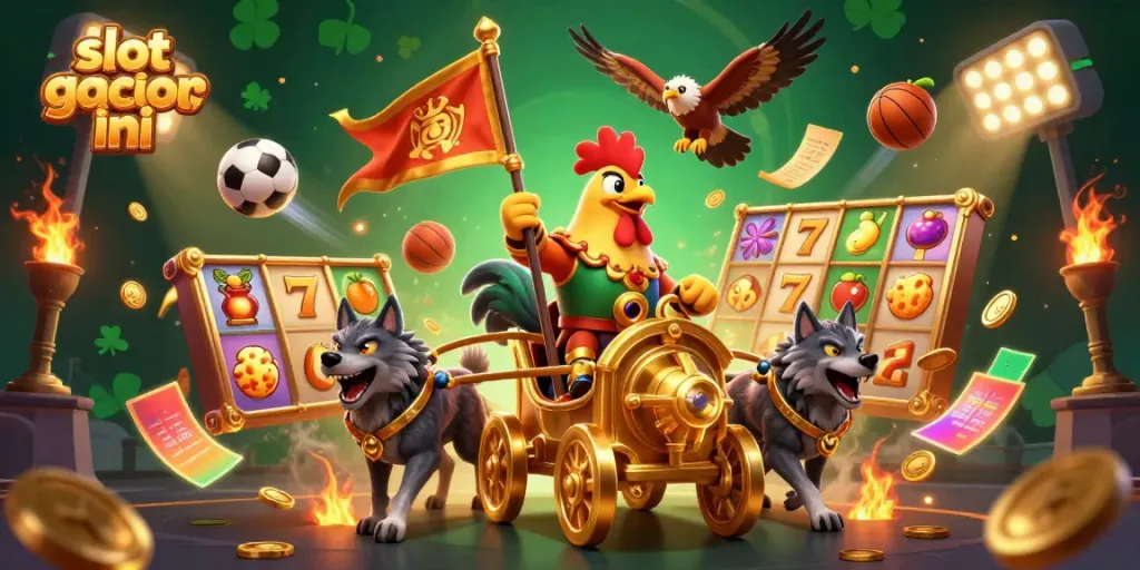 Engage in the excitement of slot gacor malma ini with a dynamic scene featuring a cartoon rooster warlord and symbols of victory.