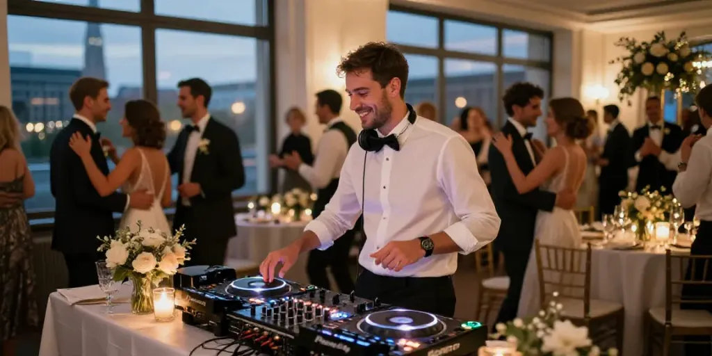 hochzeit DJ berlin brandenburg creating a lively wedding atmosphere with dancing guests and romantic decor