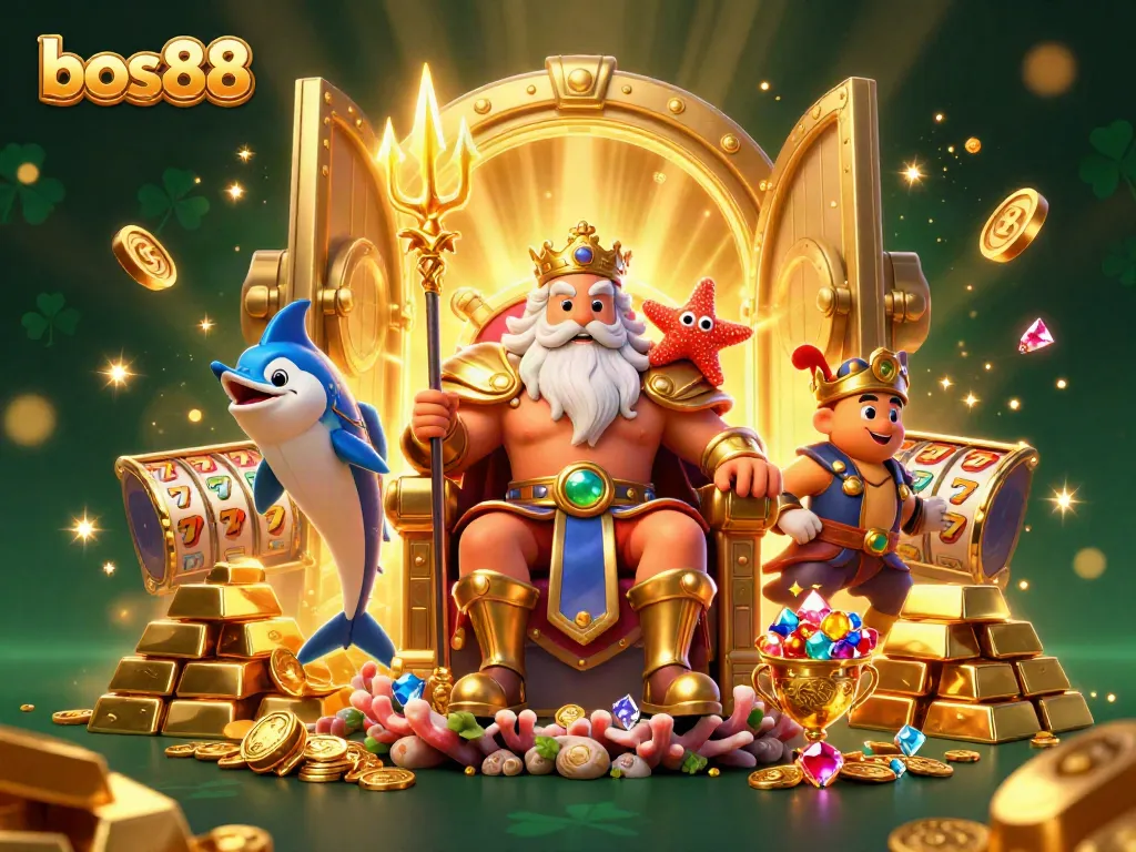 Bos88 menghadirkan ilustrasi slot kasino yang menampilkan Raja Laut dan karakter meriah, dikelilingi tumpukan emas dan permata.