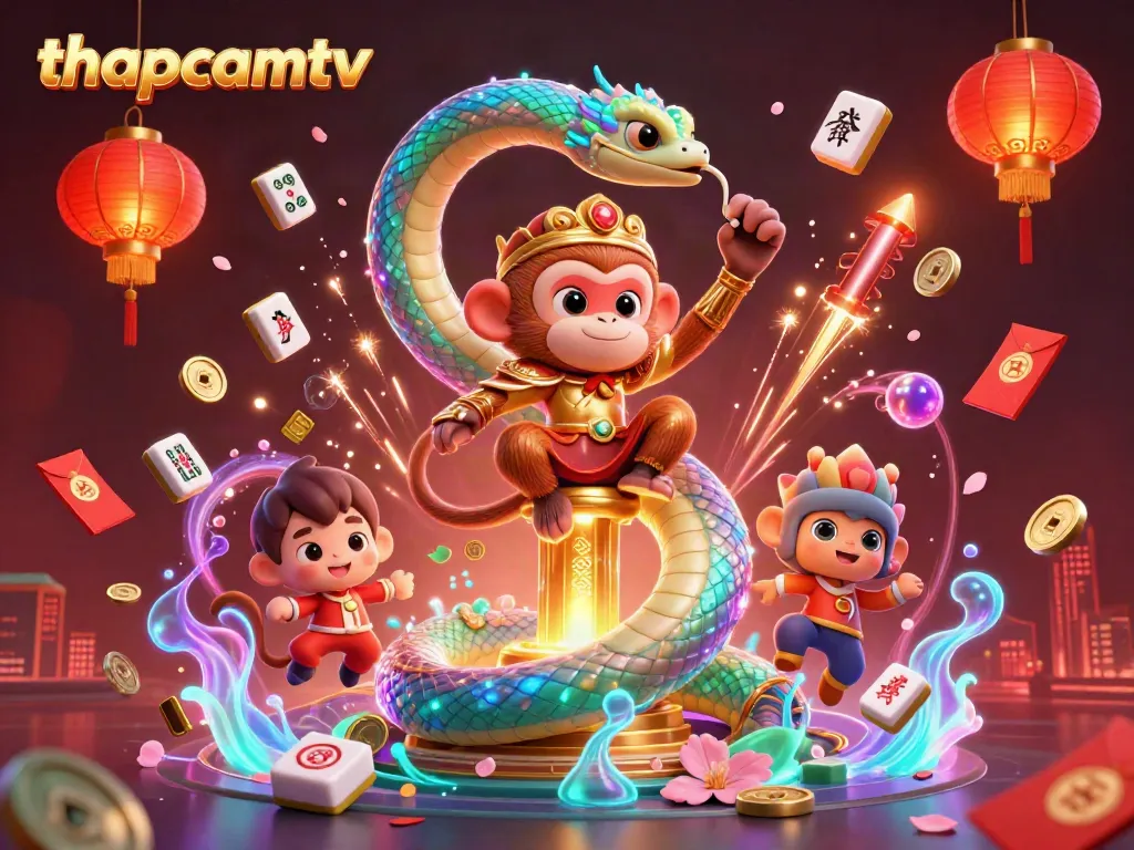 Engage with thapcamtv in a vibrant scene, showcasing a golden monkey king and a rainbow serpent amidst festive gambling elements.