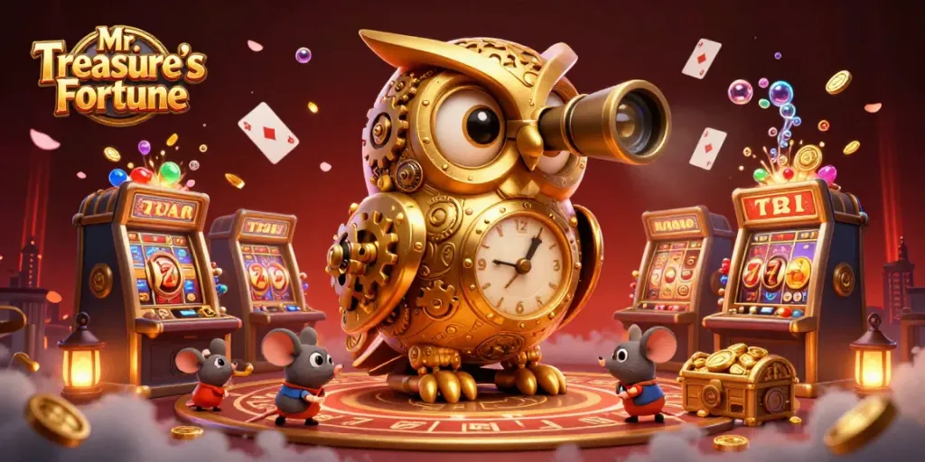 Experience the thrill in Mr. Treasure's Fortune as slot reels turn amidst golden treasures and vibrant casino elements.