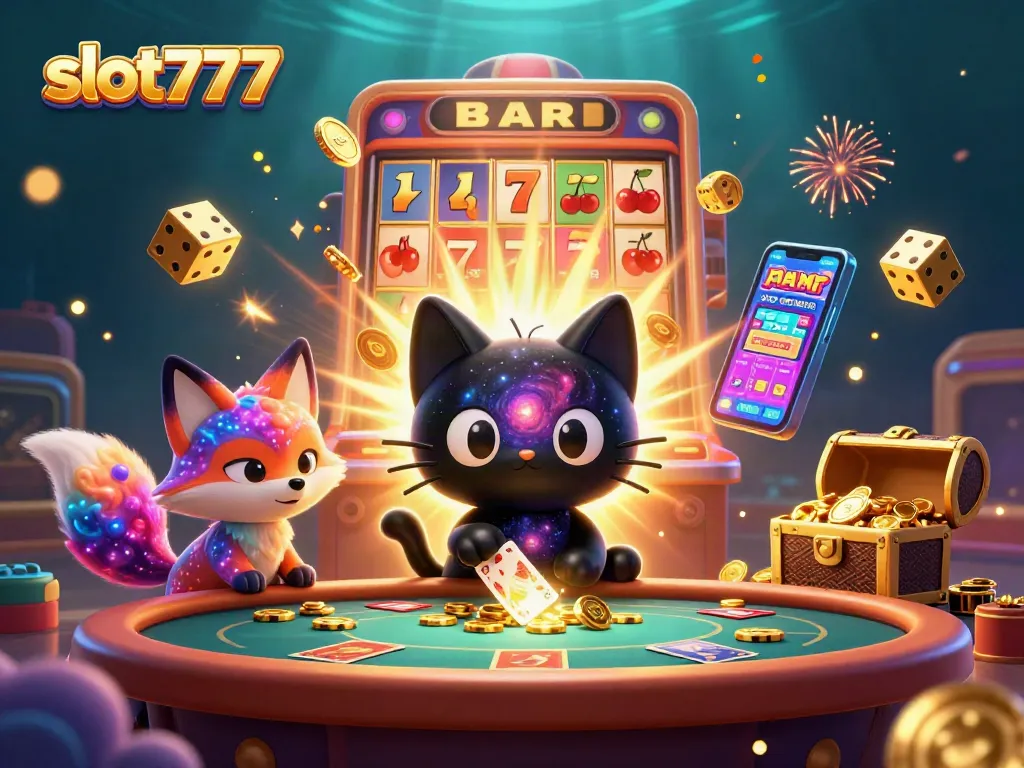 Win jackpot prizes with slot777 at a cosmic casino featuring a black hole cat and nebula fox.