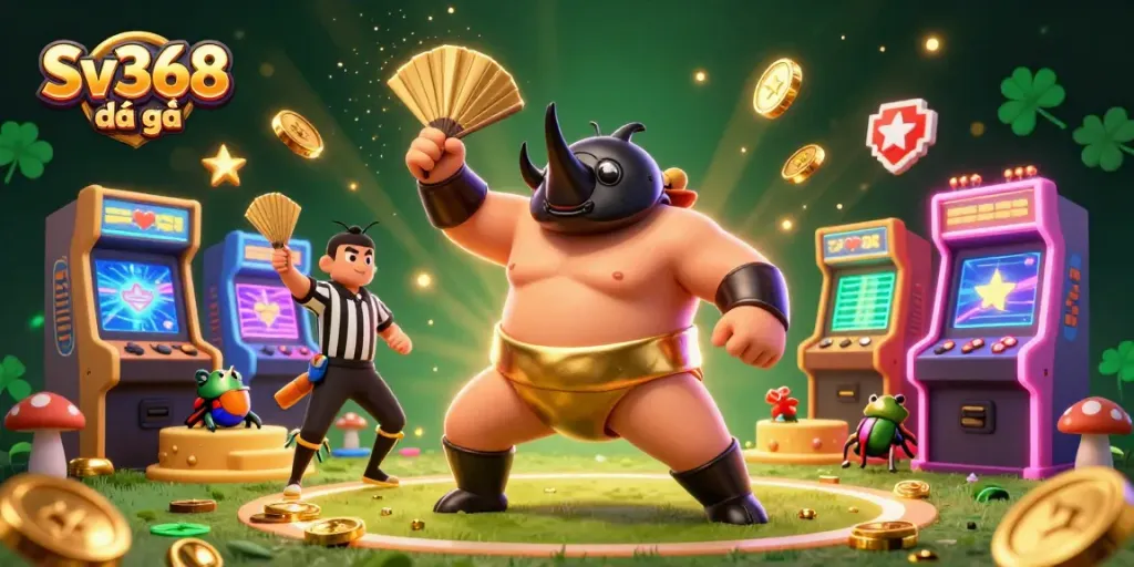 Sv368 đá gà showcases a dynamic scene of a rhinoceros beetle sumo champion amidst floating coins, embodying live cockfighting excitement.