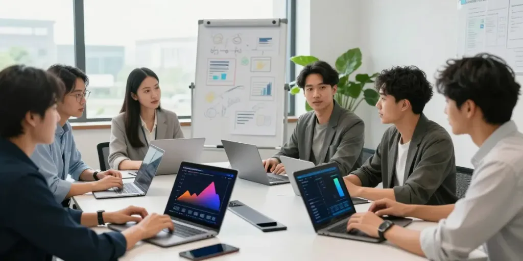 SEO services to help small businesses get more customers through teamwork and innovative strategies in a modern office.
