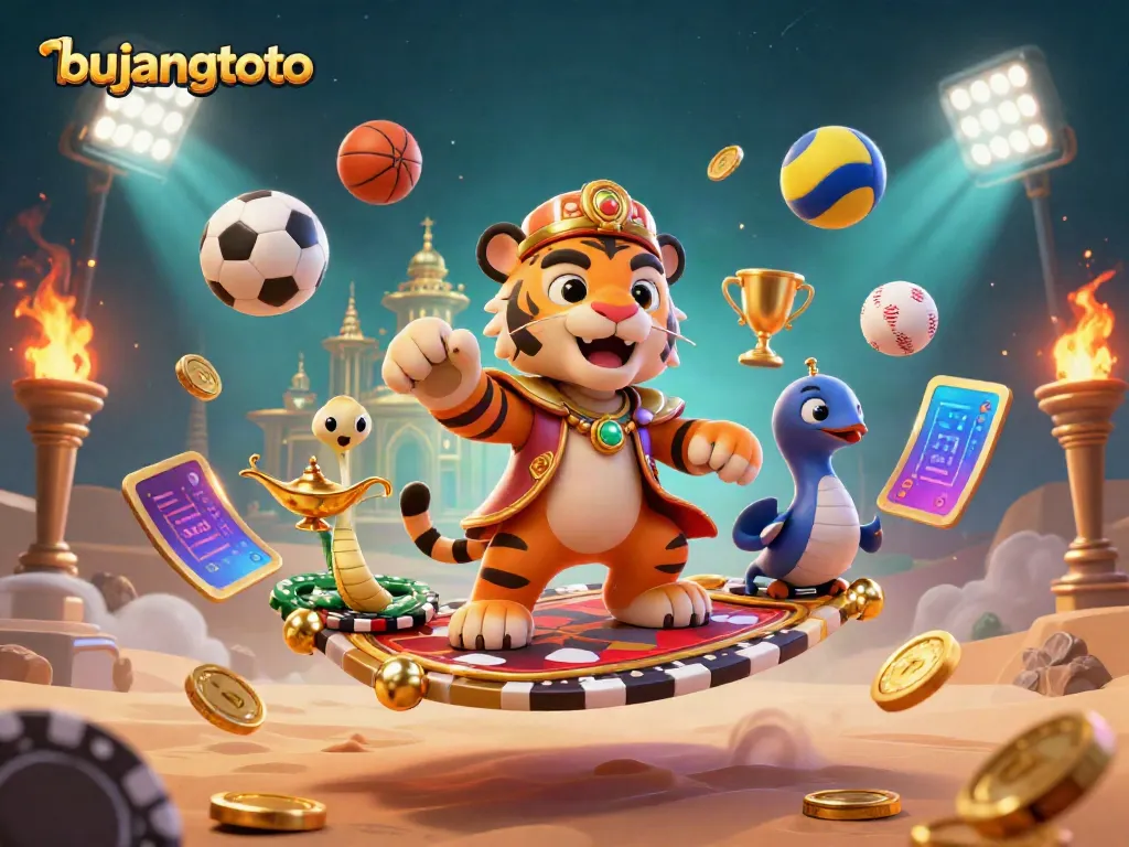Engage with bujangtoto in a vibrant, dynamic representation of a casino environment featuring a cartoon tiger sultan and sports elements.