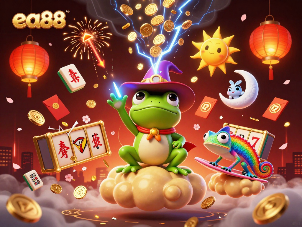 Engage with ea88's vibrant 3D casino illustration, showcasing thrilling jackpots and magical characters.