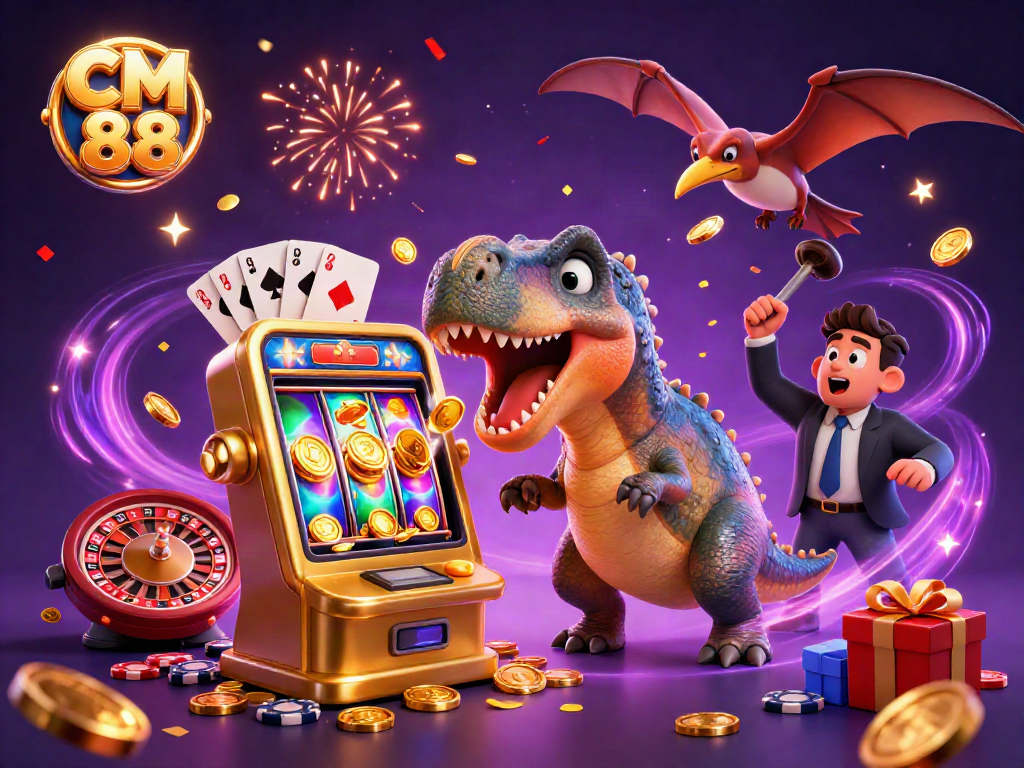 CM 88 introduces a thrilling casino scene with animated dinosaurs celebrating a jackpot