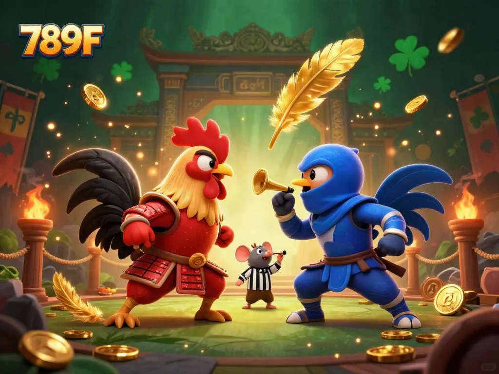 Witness the thrilling standoff between dynamic fighting roosters, representing 789F, in a vibrant online casino atmosphere.