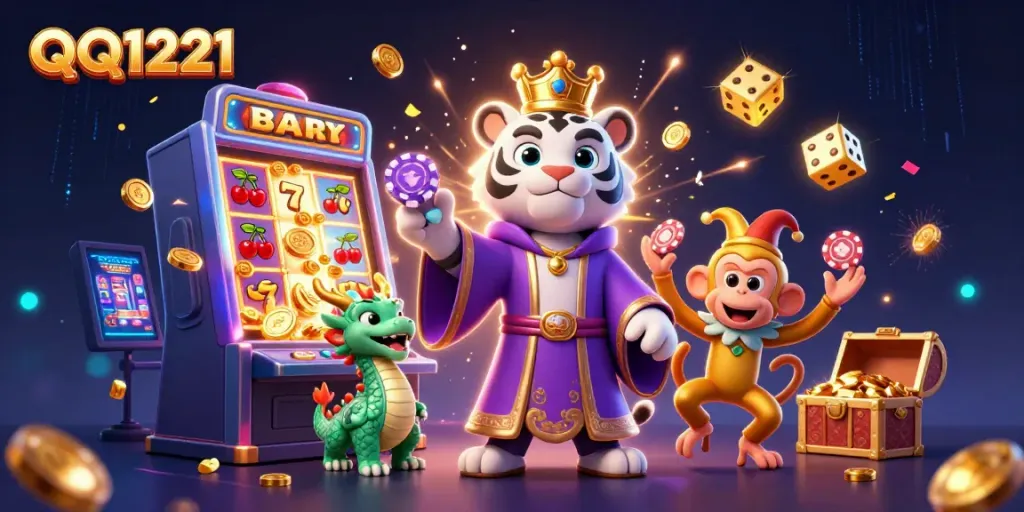 Experience thrilling QQ1221 excitement with a dynamic illustration of slot action, jackpot wins, and vibrant characters.