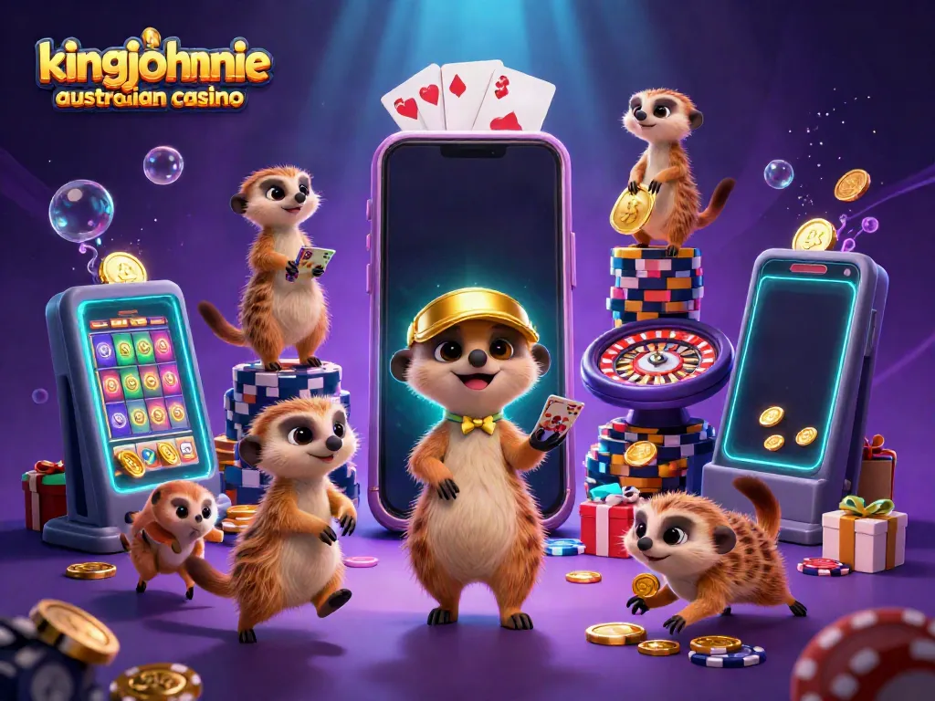 Join the fun at kingjohnnie australian casino with a lively meerkat-themed casino scene showcasing slots and games.