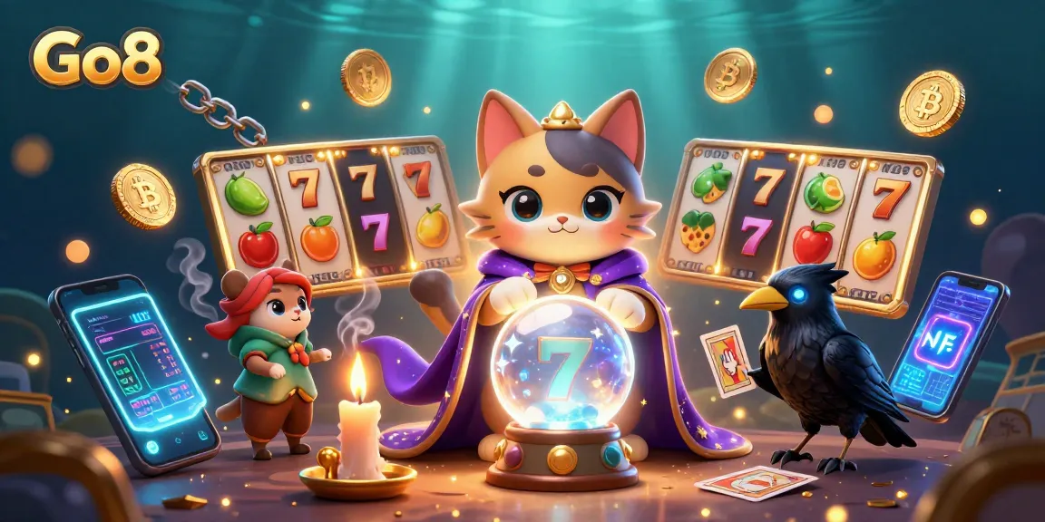 Engage in Go8 casino action with a mystic cat next to a raven and vibrant slot elements.