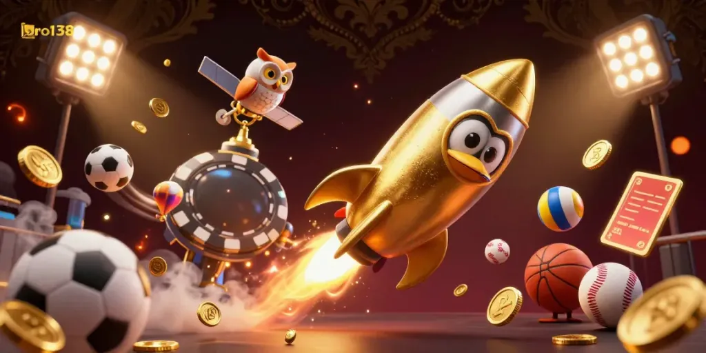 Experience dynamic gaming action with bro138's penguin mascot soaring towards a vibrant casino.