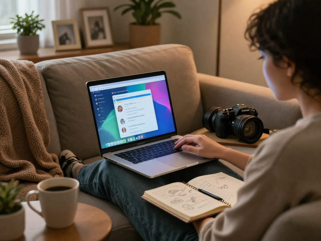 Engaging with an AI chat nsfw on a laptop in a cozy room setting.