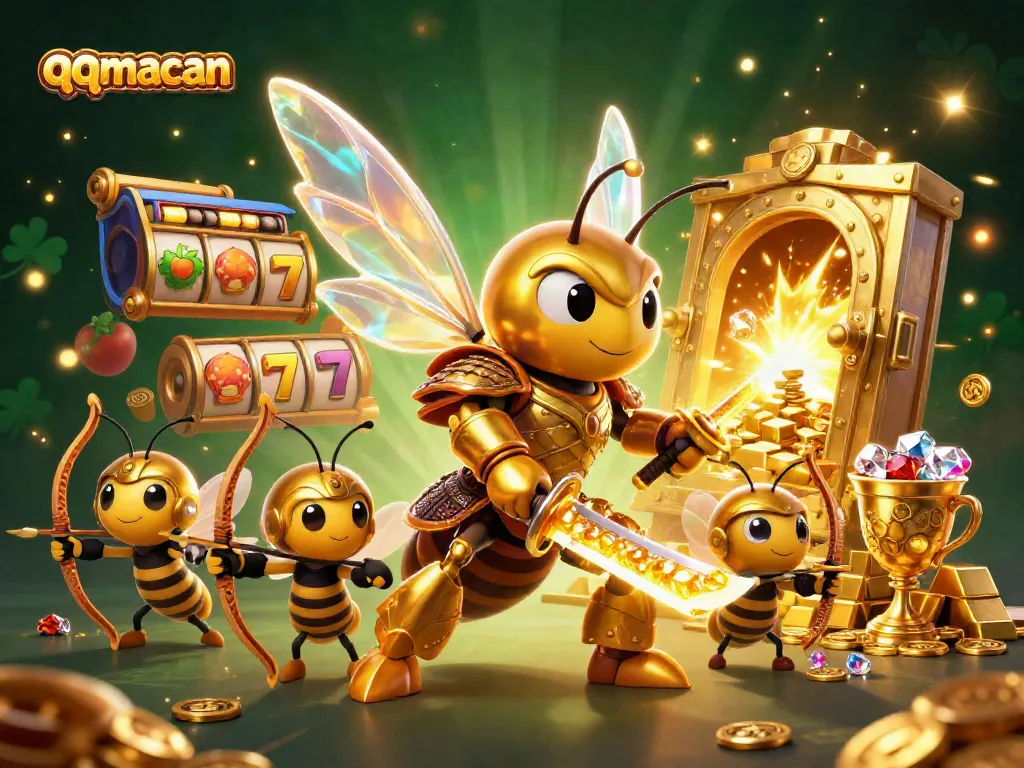 Win big with qqmacan in a vibrant 3D casino scene featuring golden jackpots and exciting game elements.