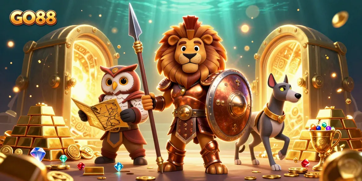 Experience the excitement of GO88 with lavish treasures and captivating characters in an enchanting casino scene.