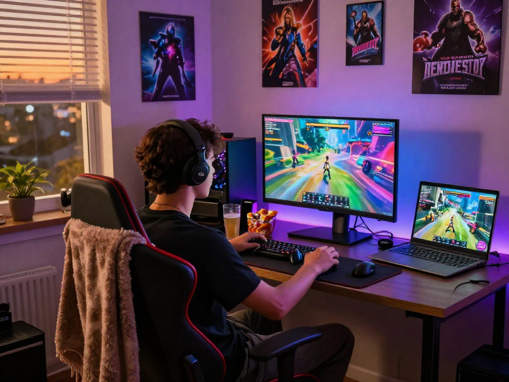 Engaged gamer playing porn games online in a cozy gaming setup with LED lights.