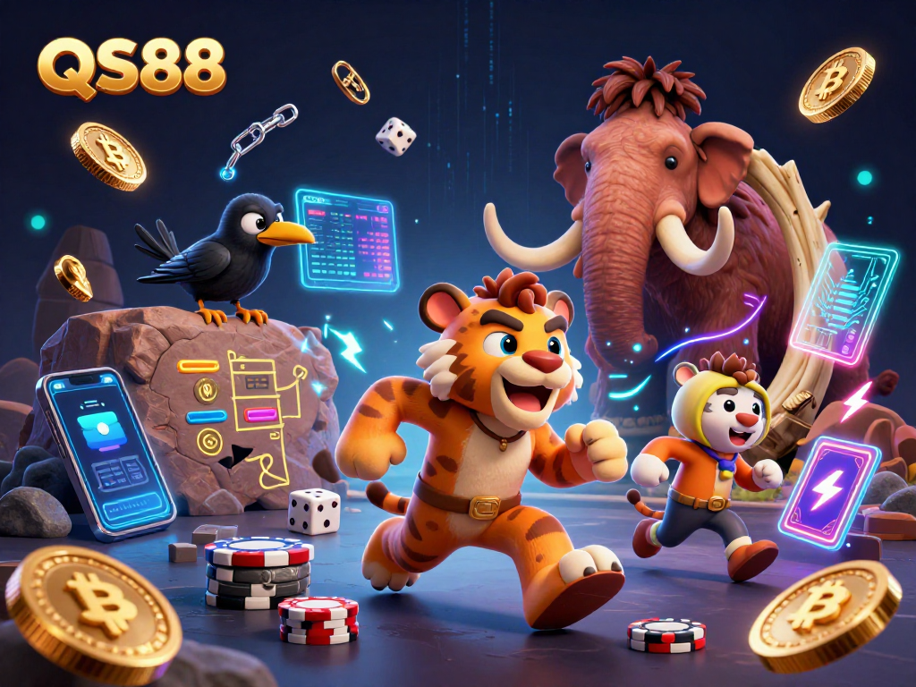 QS88 showcases a cartoon caveman casino with crypto elements, engaging players in vibrant adventure.