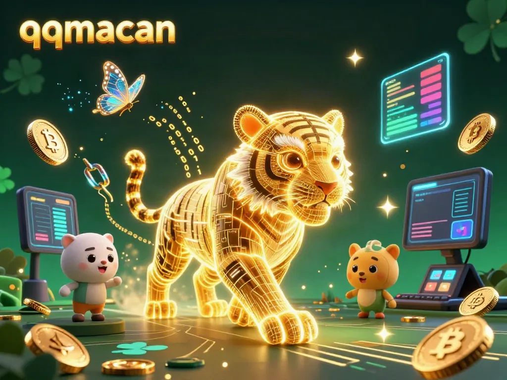 Experience the thrilling world of qqmacan with a neon tiger amidst glowing crypto elements in a vibrant digital casino.
