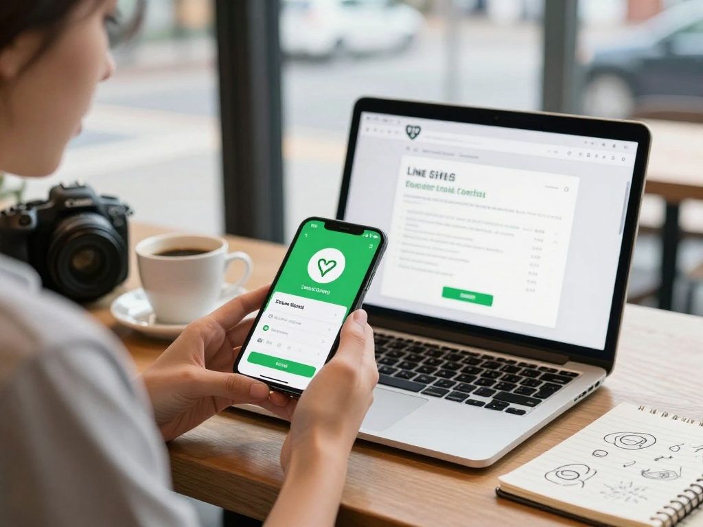 在咖啡店中，用户正在下载LINE，展示现代通讯平台的便捷体验。