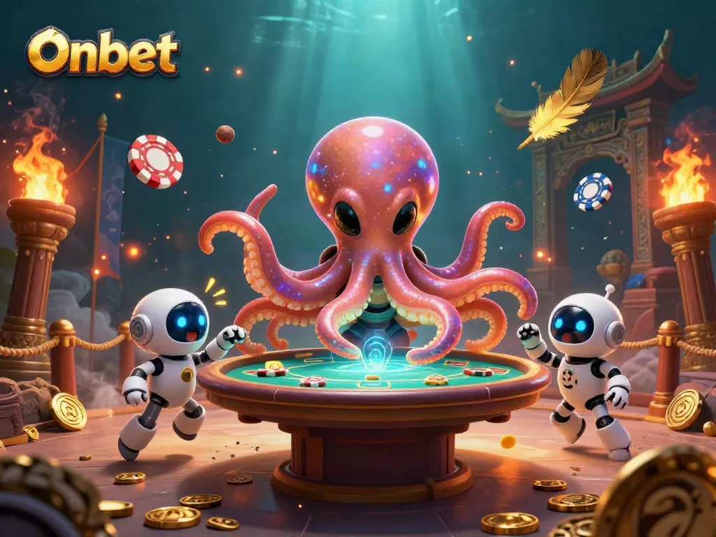 Experience the excitement of the Onbet casino with an alien octopus playing holographic poker.