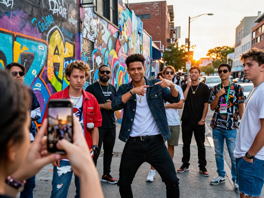 People showcasing vibrant outfits inspired by look alikes of famous people in an urban setting