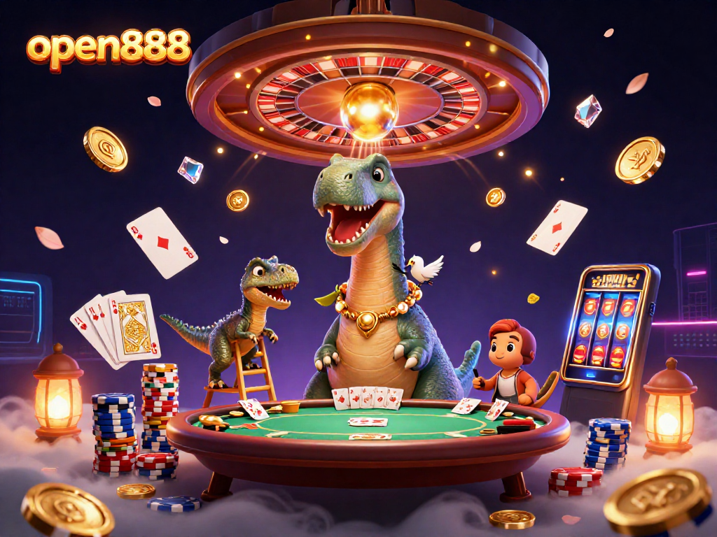 Join the excitement with open888 as a brontosaurus towers over a lively casino scene.