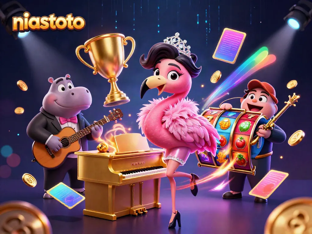 Experience the excitement of niastoto's slot games with vibrant 3D illustrations of singing flamingos and slot reels.