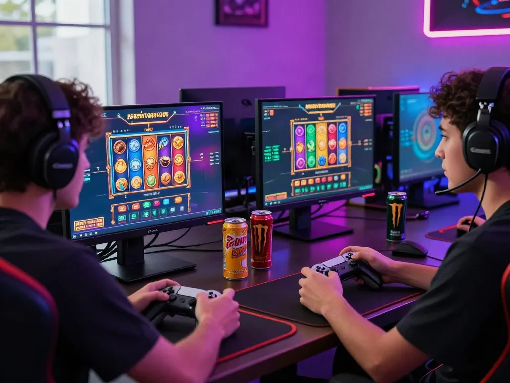 Engaged gamer playing สล็อต online with dual screens and gaming gadgets in a vibrant setup.